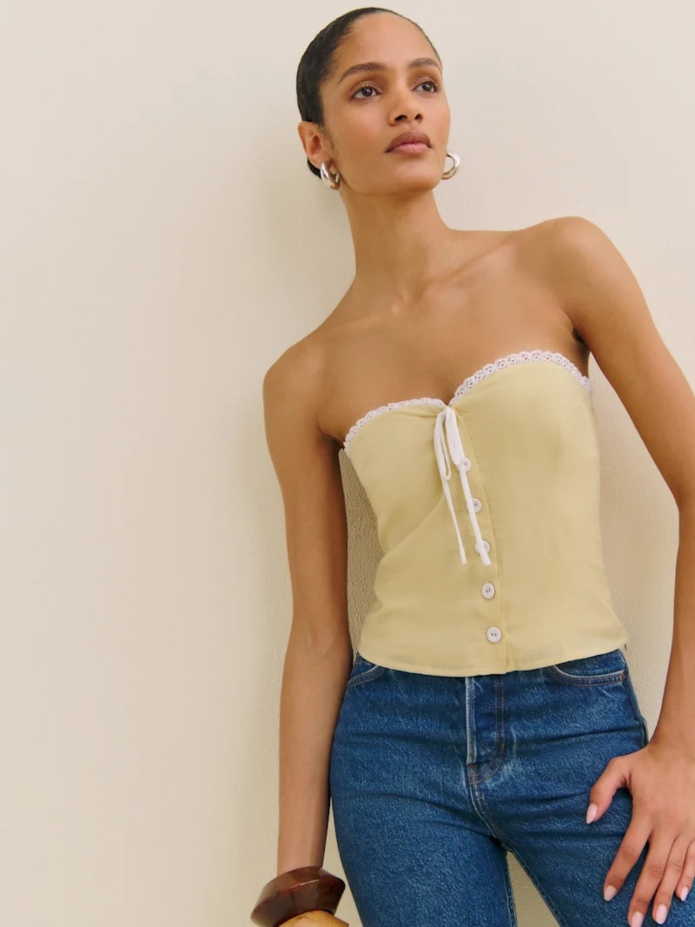 NWT Reformation Dalia Top Butter Yellow Lace-Trim‎ Button Strapless Top Size 8